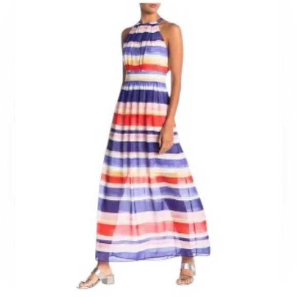 Vince Camuto Women’s High Low Colorful Striped Halter Neck Flowy Maxi Dress Sz 8 - Picture 1 of 10